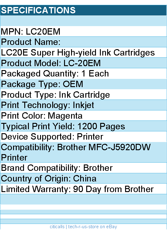 Brother LC20EM  Genuine INKvestment Super High Yield Magenta Ink Cartridge