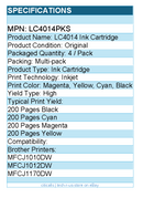 Brother LC4014PKS LC4014 Ink Cartridge - Black/Cyan/Magenta/Yellow