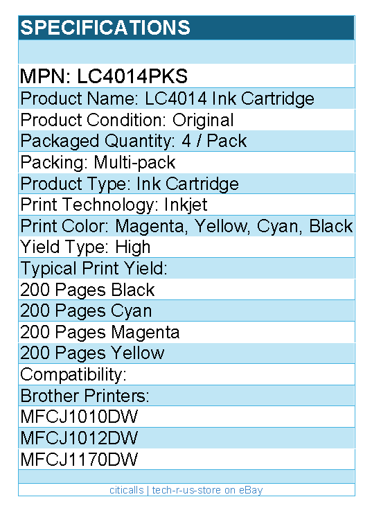 Brother LC4014PKS LC4014 Ink Cartridge - Black/Cyan/Magenta/Yellow