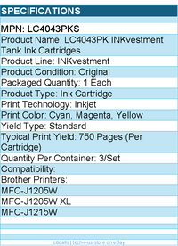Brother LC4043PKS INKvestment Tank Ink Cartridges - Cyan, Magenta, Yellow
