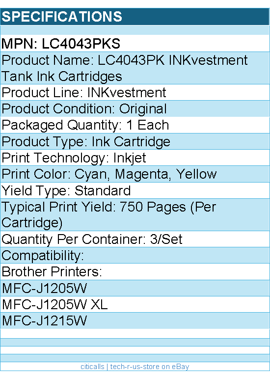 Brother LC4043PKS INKvestment Tank Ink Cartridges - Cyan, Magenta, Yellow