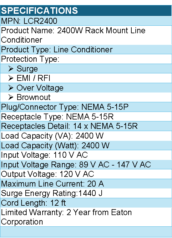 Eaton Tripp Lite Series LCR2400 2400W 3U Rack-Mount Power Conditioner with AVR