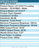 Harman JBL Professional LCT 81C/T In-ceiling Speaker - 20 W RMS - White - 40 W
