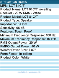 Harman JBL Professional LCT 81C/T In-ceiling Speaker - 20 W RMS - White - 40 W
