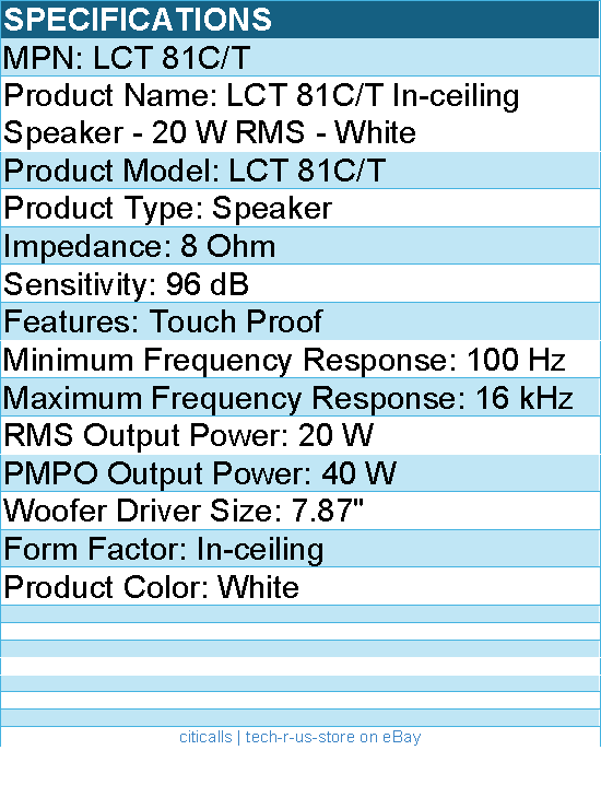 Harman JBL Professional LCT 81C/T In-ceiling Speaker - 20 W RMS - White - 40 W