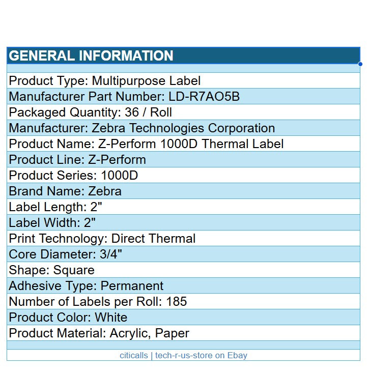 Zebra LD-R7AO5B 36/Pk 2"x2" Direct Thermal 0.75 Core Paper Label White 185/Roll