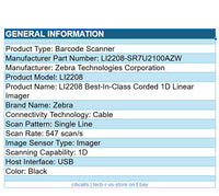 Zebra LI2208-SR7U2100AZW Corded Retail Scanner Imager w 6Ft USB Cable Black