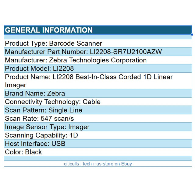 Zebra LI2208-SR7U2100AZW Corded Retail Scanner Imager w 6Ft USB Cable Black