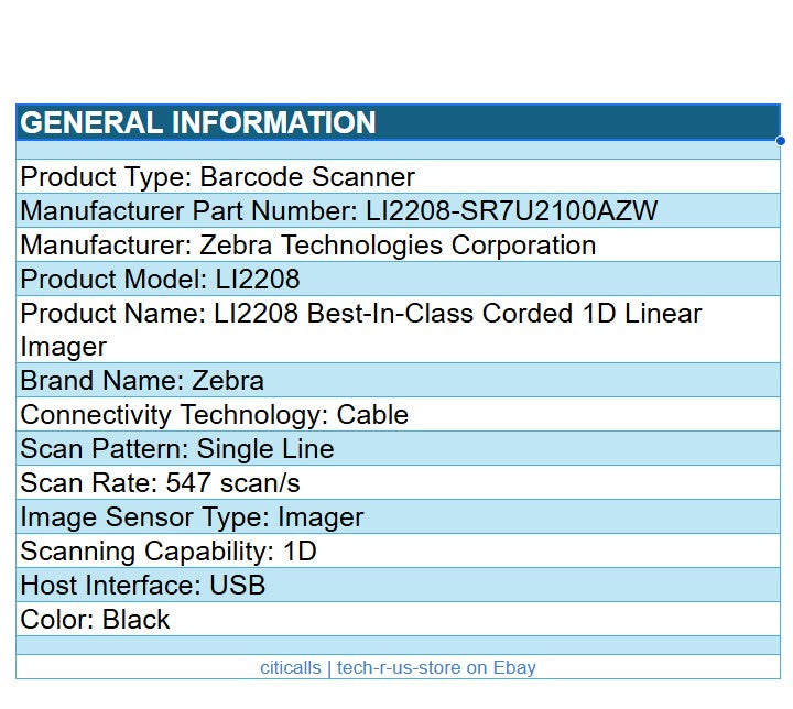 Zebra LI2208-SR7U2100AZW Corded Retail Scanner Imager w 6Ft USB Cable Black