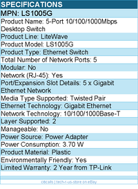 TP-Link LS1005G - Litewave 5 Port Gigabit Ethernet Switch - Unmanaged