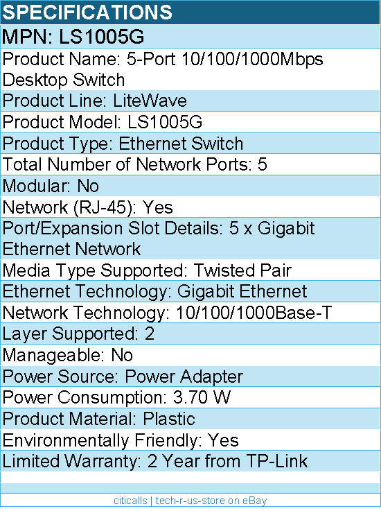 TP-Link LS1005G - Litewave 5 Port Gigabit Ethernet Switch - Unmanaged