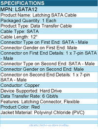 StarTech LSATA12 Latching SATA Cable - Flexible - 12" - Red