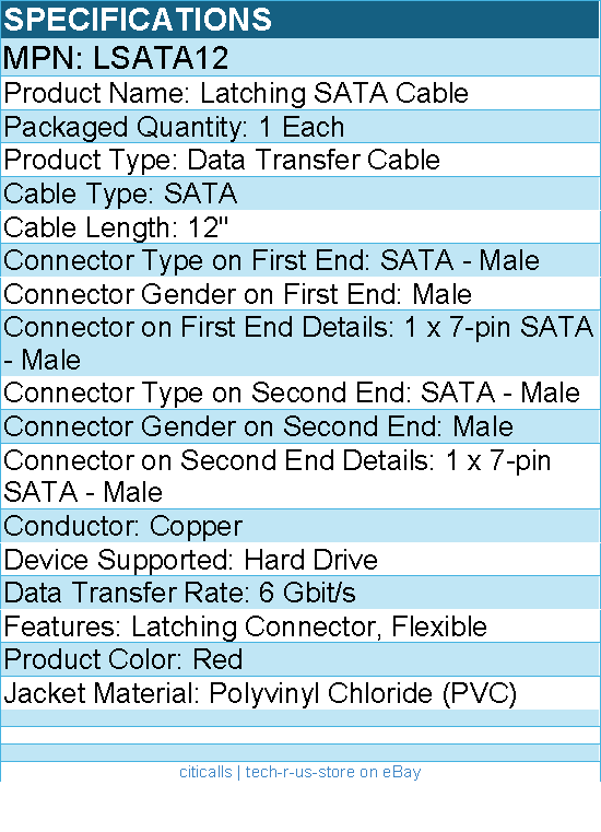 StarTech LSATA12 Latching SATA Cable - Flexible - 12" - Red