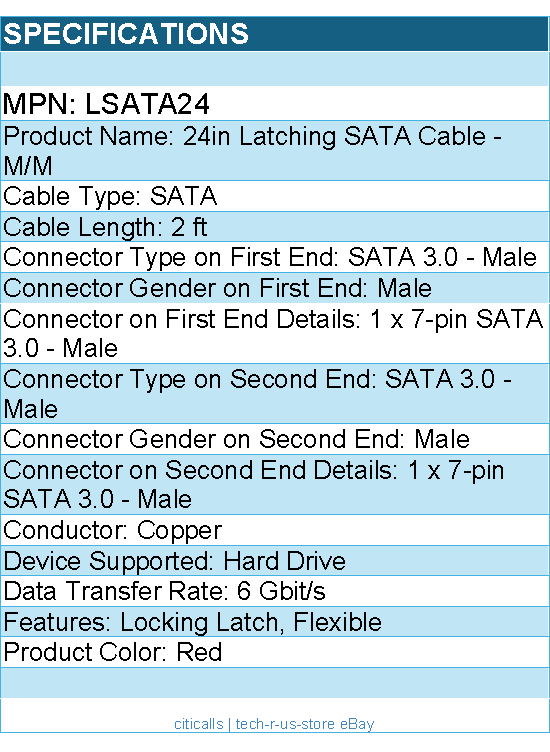 StarTech LSATA24 24in Latching SATA Cable - M/M - Serial ATA / SAS cable - Red