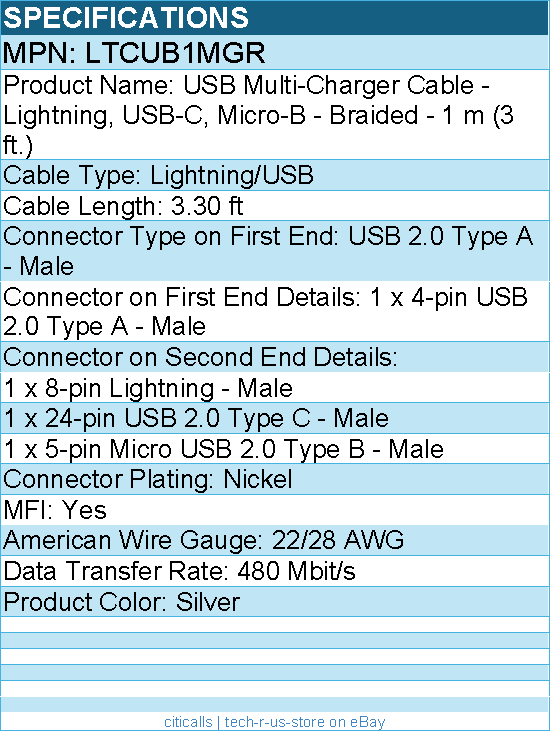 StarTech LTCUB1MGR 1m USB Multi Charging Cable - Braided - Silver