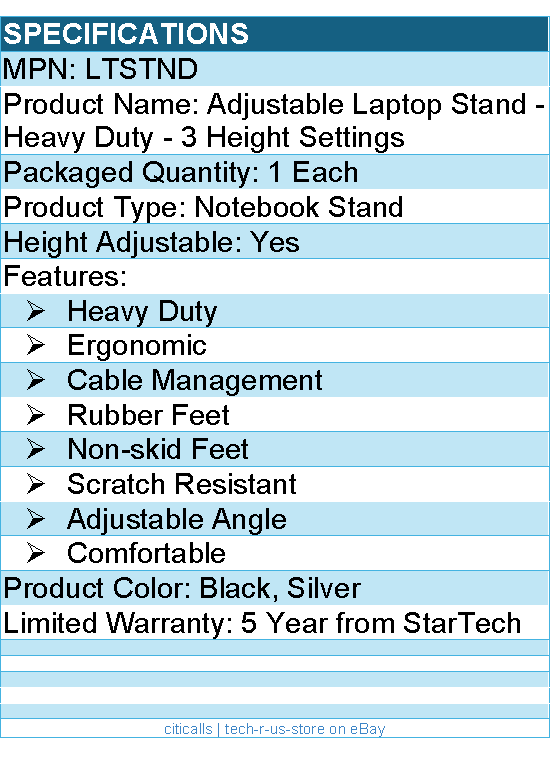 StarTech LTSTND Adjustable Laptop Stand - Heavy Duty Steel & Aluminum