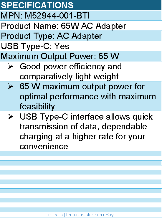 BTI M52944-001-BTI 65W TYPE-C AC ADAPTER - Compatible OEM: M52944-001