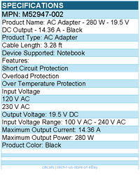 HPI M52947-002 AC Adapter - 280 W - 19.5 V DC Output - 14.36 A - Black