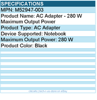 HPI M52947-003 AC Adapter - 280 W Maximum Output Power - Black