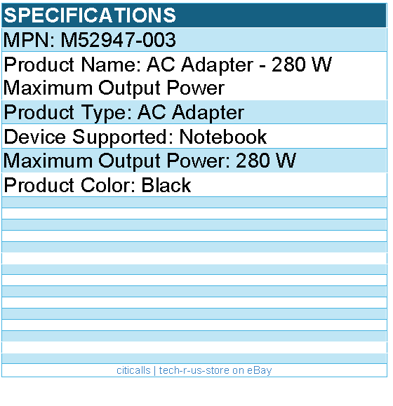 HPI M52947-003 AC Adapter - 280 W Maximum Output Power - Black
