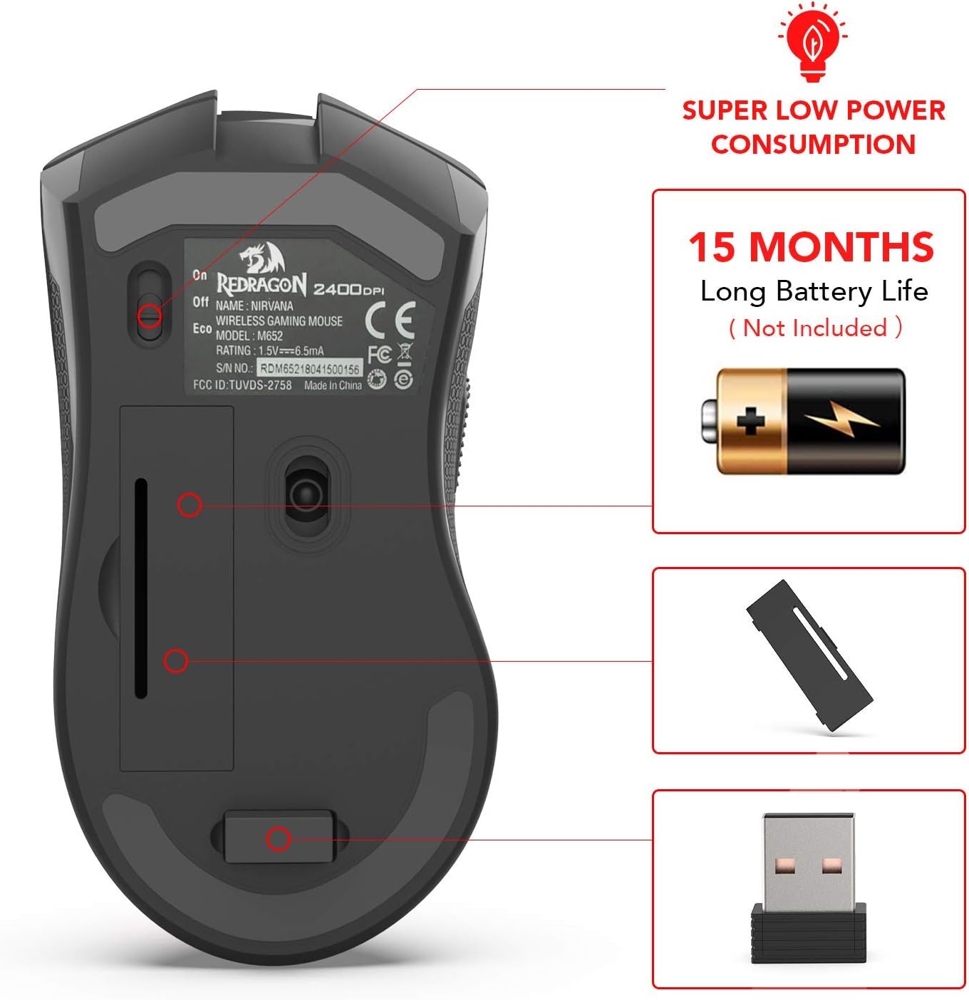 REDRAGON M652 Optical 2.4G Wireless Mouse with USB Receiver, 5 Adjustable DPI