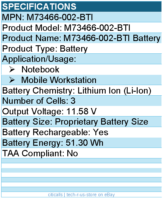 BTI M73466-002-BTI 11.58V 51.3WHR LI-ION BATTERY - For Notebook