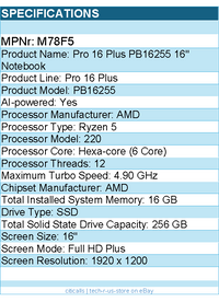 Dell M78F5 Pro 16 Plus PB16255 16" Notebook - Full HD Plus - AMD Ryzen 5