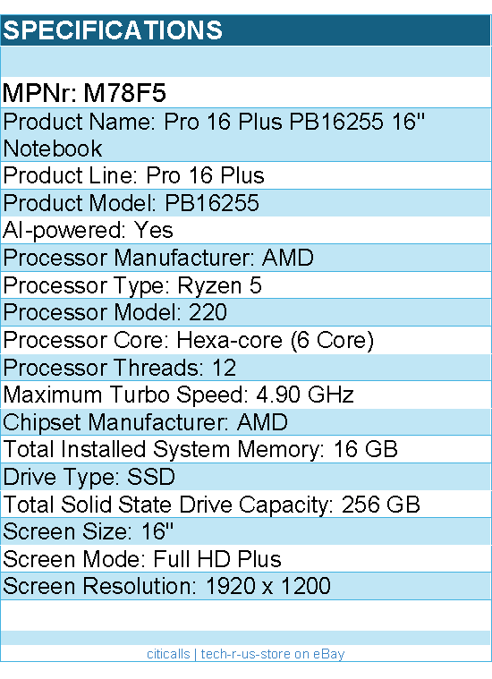 Dell M78F5 Pro 16 Plus PB16255 16" Notebook - Full HD Plus - AMD Ryzen 5