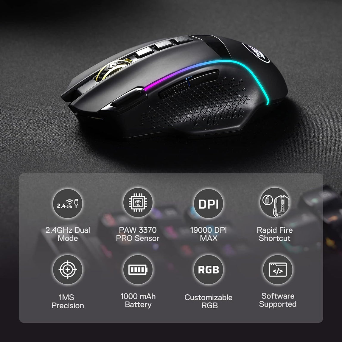 REDRAGON M991 BLACK Gaming Mouse, 19000 DPI Wired/Wireless w/ Rapid Fire Key