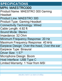 MSI MAESTRO300 MAESTRO 300 Gaming Headset - Stereo - USB Type C