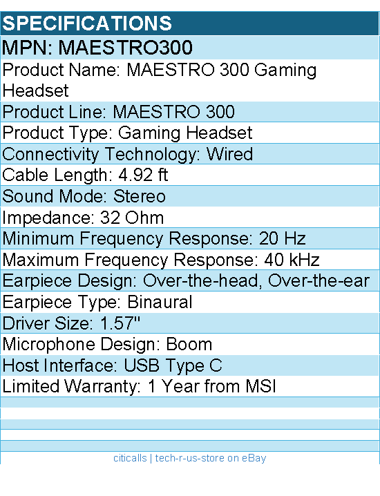 MSI MAESTRO300 MAESTRO 300 Gaming Headset - Stereo - USB Type C