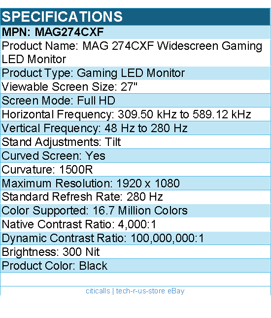 MSI MAG274CXF MAG 274CXF 27 inch Curved display Monitor 280Hz - 1920 x 1080