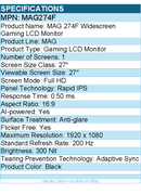 MSI MAG274F MAG MAG 274F 27" Class Full HD Gaming LCD Monitor - 16:9 - Black