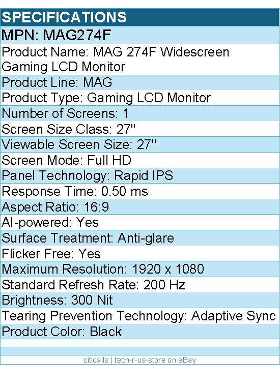 MSI MAG274F MAG MAG 274F 27" Class Full HD Gaming LCD Monitor - 16:9 - Black
