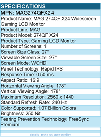 MSI MAG274QFX24 MAG 274QF X24 27" Class WQHD Gaming LCD Monitor - 16:9