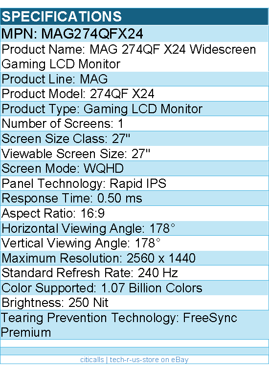 MSI MAG274QFX24 MAG 274QF X24 27" Class WQHD Gaming LCD Monitor - 16:9