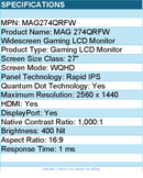 MSI MAG274QRFW 274QRFW 27" Class WQHD Rugged Gaming LCD Monitor - 16:9