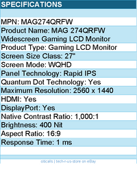 MSI MAG274QRFW 274QRFW 27" Class WQHD Rugged Gaming LCD Monitor - 16:9