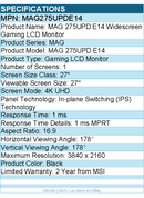 MSI MAG275UPDE14 MAG 275UPD E14 27" Class 4K UHD Gaming LCD Monitor - Black