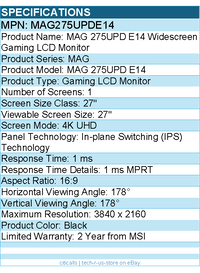 MSI MAG275UPDE14 MAG 275UPD E14 27" Class 4K UHD Gaming LCD Monitor - Black