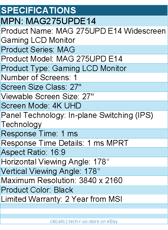 MSI MAG275UPDE14 MAG 275UPD E14 27" Class 4K UHD Gaming LCD Monitor - Black