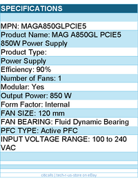 MSI MAGA850GLPCIE5 850 W 80Plus Gold Fully-Modular ATX Power Supply