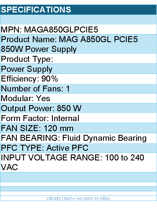 MSI MAGA850GLPCIE5 850 W 80Plus Gold Fully-Modular ATX Power Supply
