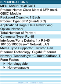 StarTech MASFP1GBTXST Cisco Meraki MA-SFP-1GB-TX Compatible SFP Module