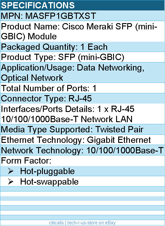 StarTech MASFP1GBTXST Cisco Meraki MA-SFP-1GB-TX Compatible SFP Module