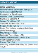 ASUS MB169CK ZenScreen 16" Class Full HD LED Monitor - 16:9 - Black
