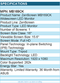 ASUS MB169CK ZenScreen 16" Class Full HD LED Monitor - 16:9 - Black