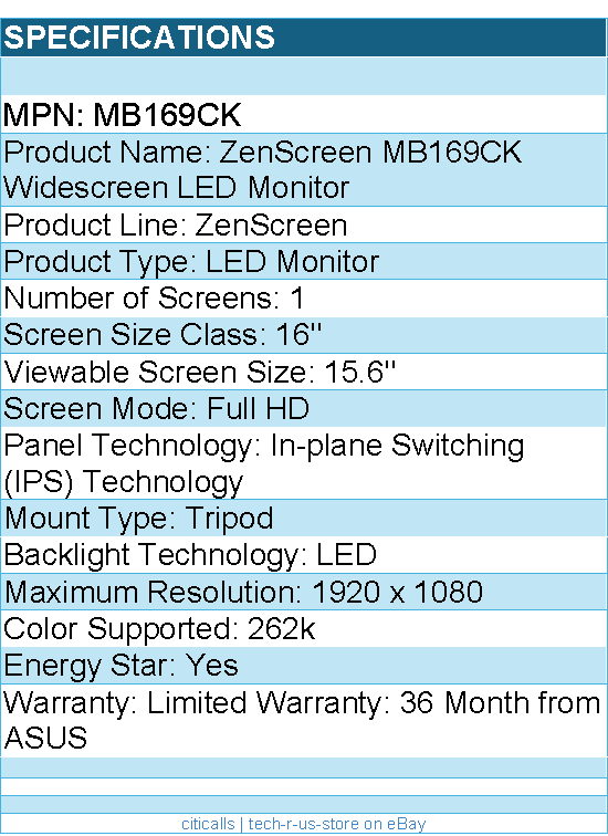 ASUS MB169CK ZenScreen 16" Class Full HD LED Monitor - 16:9 - Black