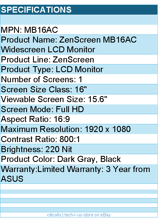 ASUS MB16AC ZenScreen 16" Class Full HD LCD Monitor - 16:9 - Dark Gray, Black