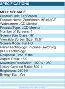 ASUS MB16ACE  ZenScreen 16" Class Full HD LCD Monitor - 16:9 - Dark Gray